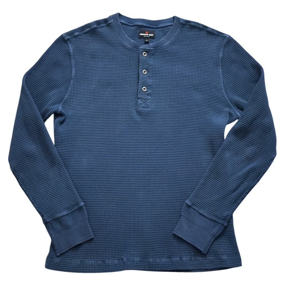 American Giant Mens Waffle Knit Henley Shirt Blue Long Sleeve USA Made Small
